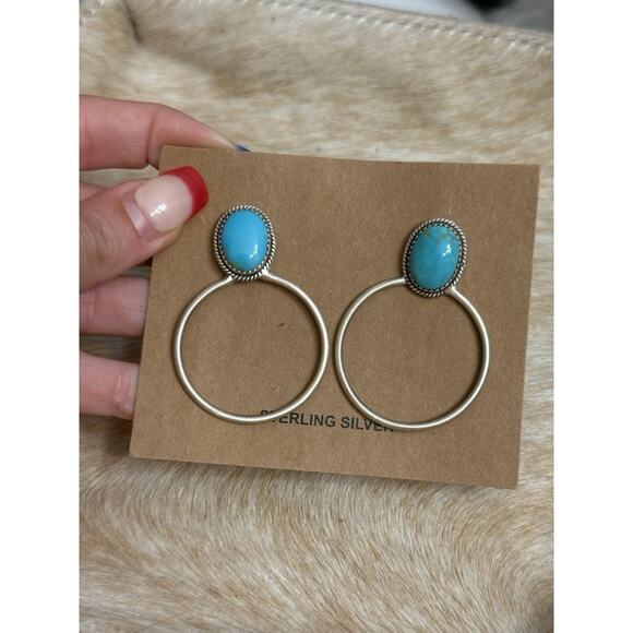 Huge Native American Sterling Silver Blue Kingman Turquoise Hoop Post Earrings - Picture 10 of 16